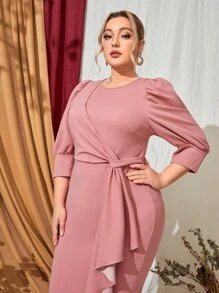 Modelyn Plus Puff Sleeve Draped Split Back Dress - Dusty Pink - View 4