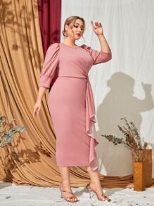 Modelyn Plus Puff Sleeve Draped Split Back Dress - Dusty Pink - View 5