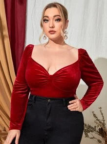 SHEIN Blusa escote corazón pecho con fruncido de terciopelo - Rojo - Ver 2