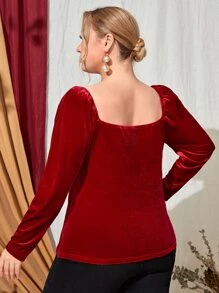 SHEIN Blusa escote corazón pecho con fruncido de terciopelo - Rojo - Ver 3