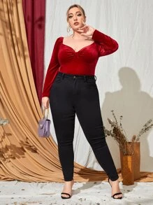 SHEIN Blusa escote corazón pecho con fruncido de terciopelo - Rojo - Ver 4