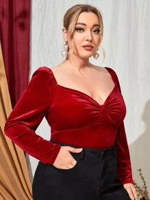SHEIN Blusa escote corazón pecho con fruncido de terciopelo - Rojo - Ver 1