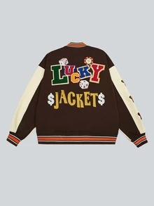 Color Block Letter Pattern Varsity Jacket - Coffee Brown - View 4