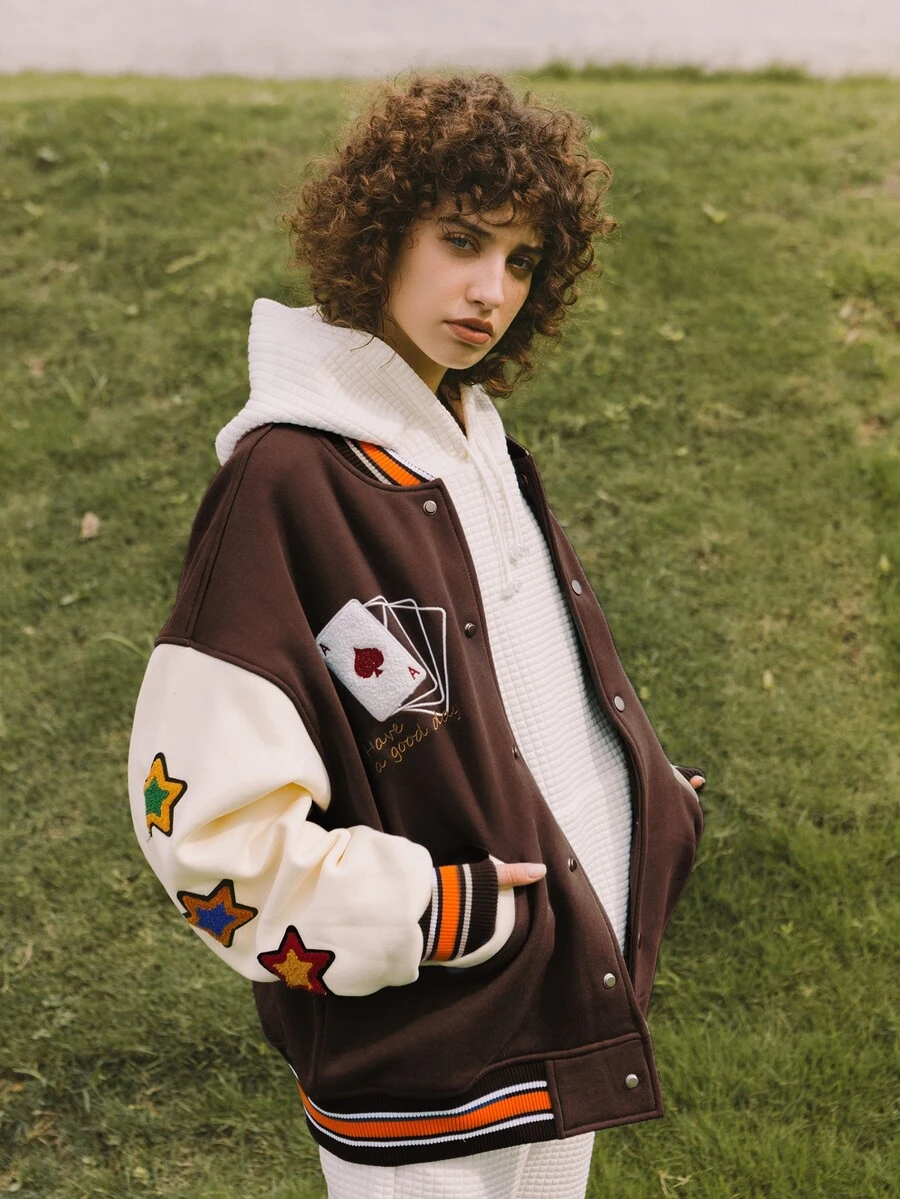 Color Block Letter Pattern Varsity Jacket - Coffee Brown - View 1