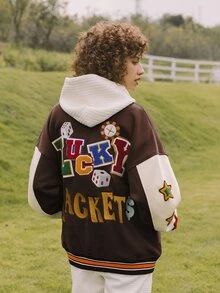Color Block Letter Pattern Varsity Jacket - Coffee Brown - View 2
