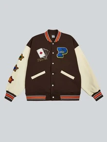 Color Block Letter Pattern Varsity Jacket - Coffee Brown - View 3