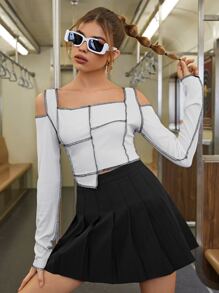 Áo thun nữ Bất đối xứng Gân đan màu trơn Giải trí - trắng - Xem 1