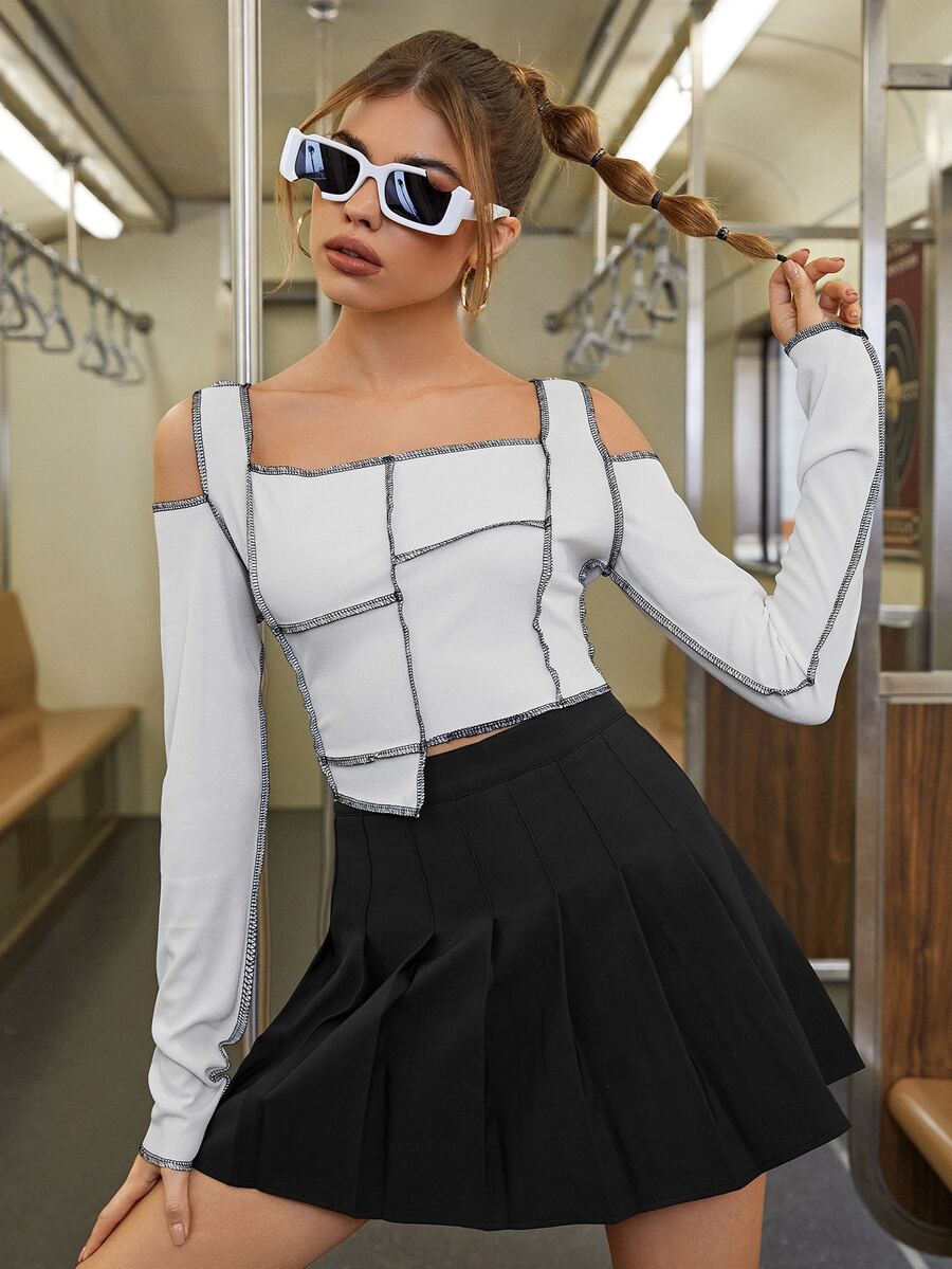 Áo thun nữ Bất đối xứng Gân đan màu trơn Giải trí - trắng - Xem 1