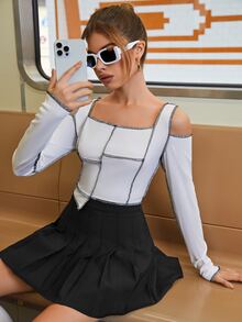 Áo thun nữ Bất đối xứng Gân đan màu trơn Giải trí - trắng - Xem 4