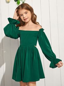 SHEIN 大小姐女孩露肩綁帶後背波浪袖裙 - 墨綠色 - 查看 1