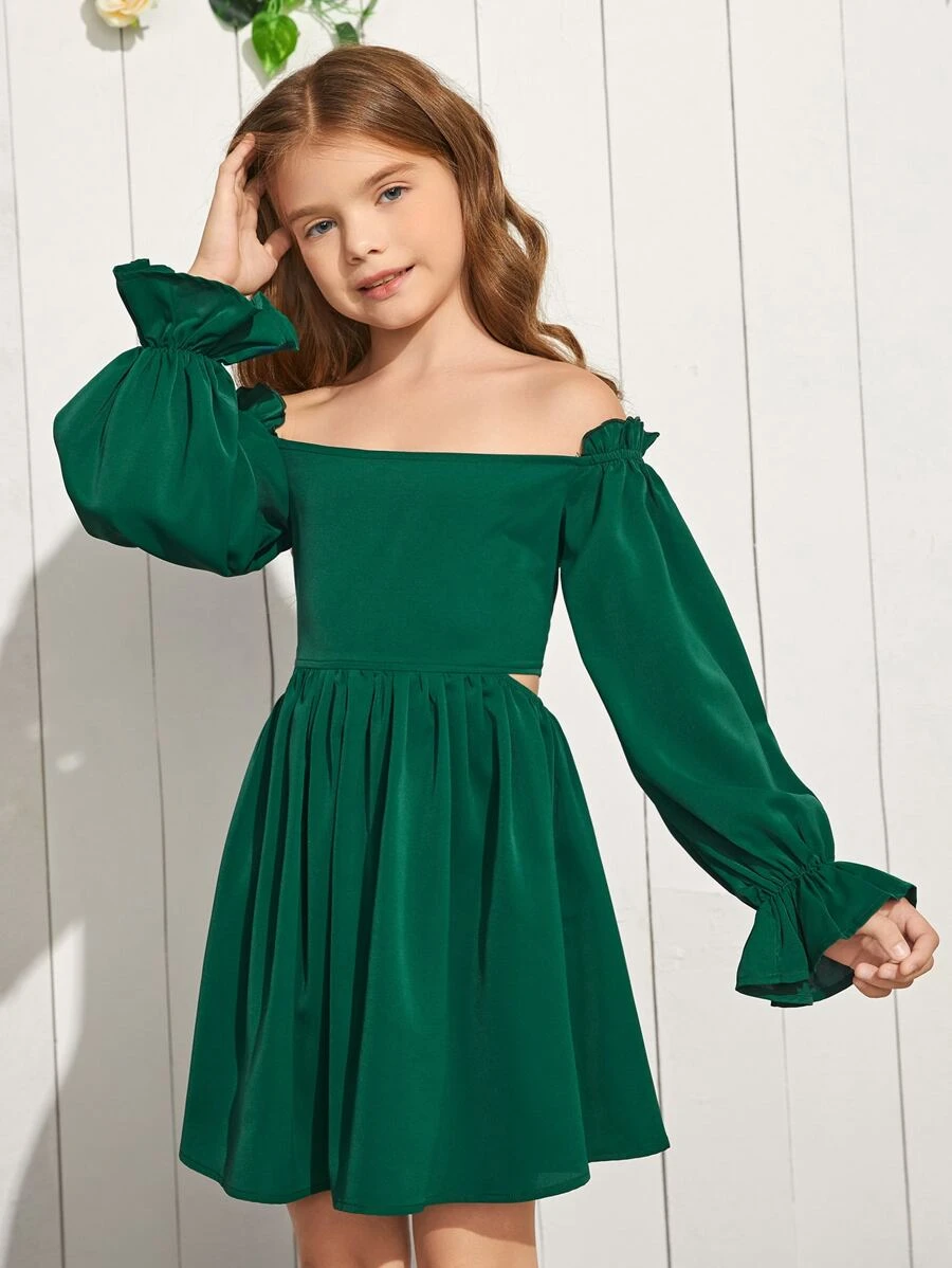 SHEIN 大小姐女孩露肩綁帶後背波浪袖裙 - 墨綠色 - 查看 1