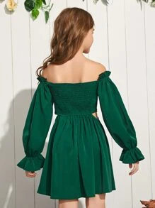 SHEIN 大小姐女孩露肩綁帶後背波浪袖裙 - 墨綠色 - 查看 2