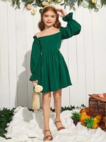 SHEIN 大小姐女孩露肩綁帶後背波浪袖裙 - 墨綠色 - 查看 5