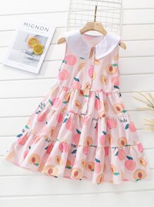 Niñas Vestido smock con estampado de melocotón sin manga bajo con fruncido - Rosa Pálido - Ver 1