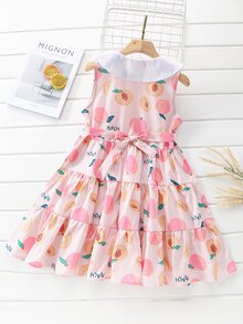 Niñas Vestido smock con estampado de melocotón sin manga bajo con fruncido - Rosa Pálido - Ver 2