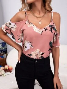 SHEIN Clasi Floral Print Cold Shoulder Cami Blouse - Dusty Pink - View 1