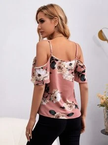 SHEIN Clasi Floral Print Cold Shoulder Cami Blouse - Dusty Pink - View 2
