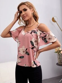 SHEIN Clasi Floral Print Cold Shoulder Cami Blouse - Dusty Pink - View 4