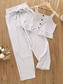 Bộ hai mảnh Gái Thắt lưng Xù Nút phía trước Quần paper-bag Sọc Boho - trắng - Xem 1