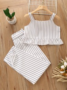 Bộ hai mảnh Gái Thắt lưng Xù Nút phía trước Quần paper-bag Sọc Boho - trắng - Xem 2