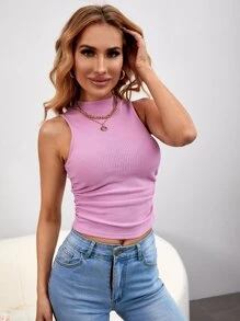 SHEIN Essnce Mock Neck Waffle Knit Tank Top - Baby Pink - View 5