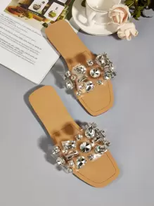 Women Gemstone Decor Slide Sandals, Glamorous Open Toe Flat Sandals