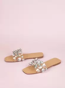 Women Gemstone Decor Slide Sandals, Glamorous Open Toe Flat Sandals