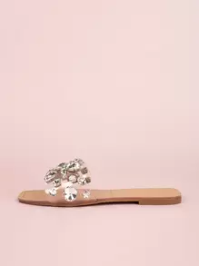 Women Gemstone Decor Slide Sandals, Glamorous Open Toe Flat Sandals
