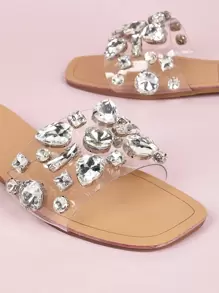 Women Gemstone Decor Slide Sandals, Glamorous Open Toe Flat Sandals
