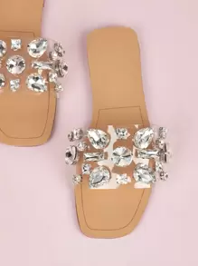Women Gemstone Decor Slide Sandals, Glamorous Open Toe Flat Sandals