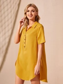 SHEIN Đầm Cao thấp Nút phía trước màu trơn Giải trí - Màu vàng - Xem 1