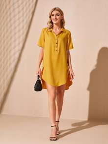 SHEIN Đầm Cao thấp Nút phía trước màu trơn Giải trí - Màu vàng - Xem 3