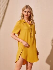 SHEIN Đầm Cao thấp Nút phía trước màu trơn Giải trí - Màu vàng - Xem 4