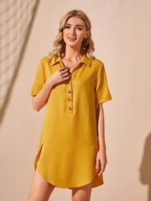 SHEIN Đầm Cao thấp Nút phía trước màu trơn Giải trí - Màu vàng - Xem 5