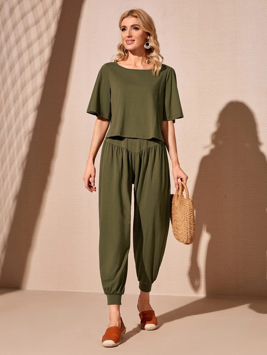 SHEIN Boat Neck Solid Top And Trousers Set - Army Green - View 1