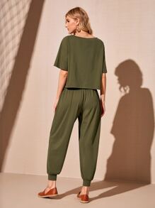 SHEIN Boat Neck Solid Top And Trousers Set - Army Green - View 2