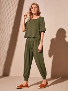 SHEIN Boat Neck Solid Top And Trousers Set - Army Green - View 3