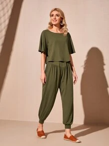 SHEIN Boat Neck Solid Top And Trousers Set - Army Green - View 4