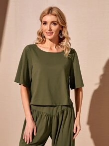 SHEIN Boat Neck Solid Top And Trousers Set - Army Green - View 5