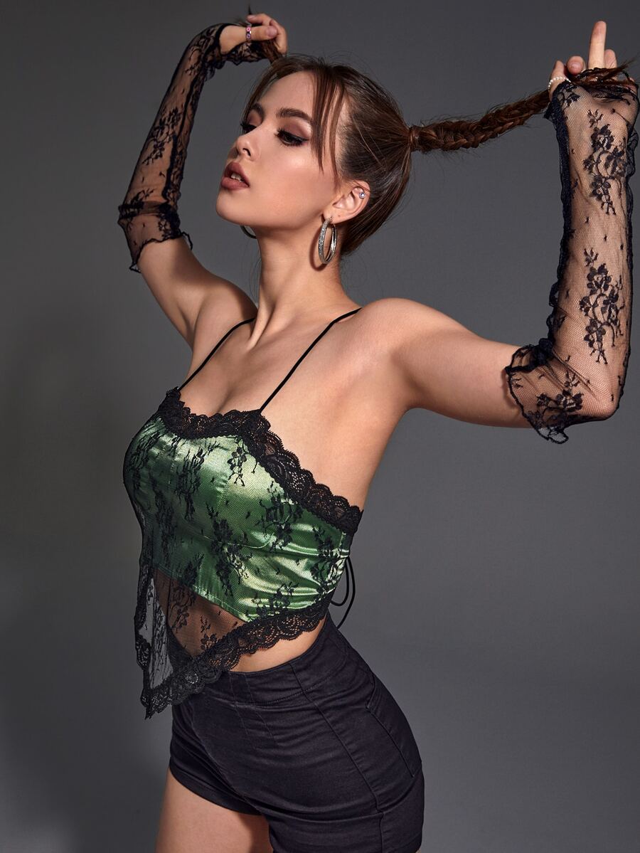 ROMWE PUNK Contrast Lace Satin Cami Top With Arm Sleeve - Multicolor - View 1