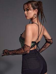 ROMWE PUNK Contrast Lace Satin Cami Top With Arm Sleeve - Multicolor - View 2