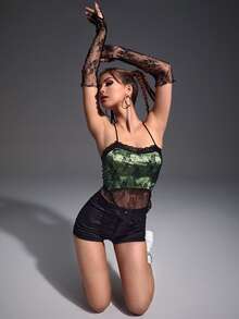 ROMWE PUNK Contrast Lace Satin Cami Top With Arm Sleeve - Multicolor - View 3