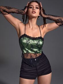 ROMWE PUNK Contrast Lace Satin Cami Top With Arm Sleeve - Multicolor - View 4