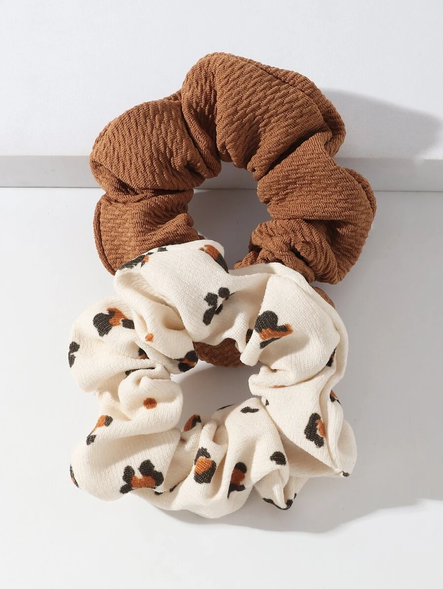 Bộ 2 phụ kiện tóc nữ, màu trơn và họa tiết hoa, dây buộc tóc bản rộng, phù hợp cho mùa thu và mùa đông. Dây buộc tóc kiểu scrunchie, phụ kiện buộc tóc đuôi ngựa, dây chun co giãn. - Nhiều màu - Xem 1