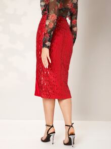 SHEIN Split Hem Sequin Skirt - Red - View 2