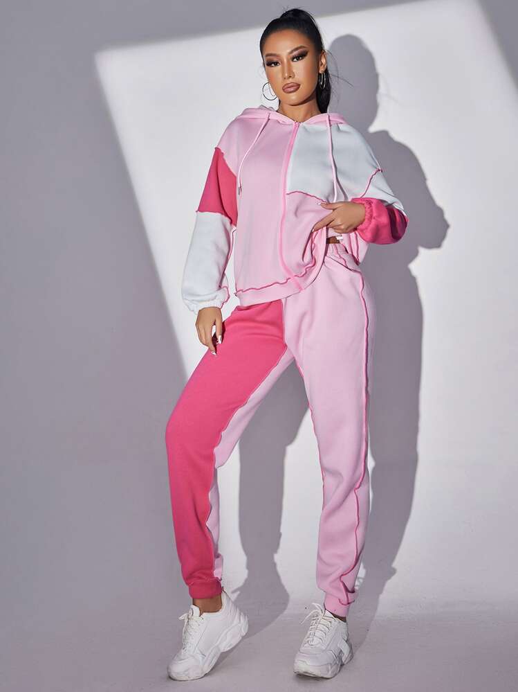 SHEIN Unity Color Block Top-stitching Drop Shoulder Drawstring Thermal Hoodie & Sweatpants - Pink - View 4