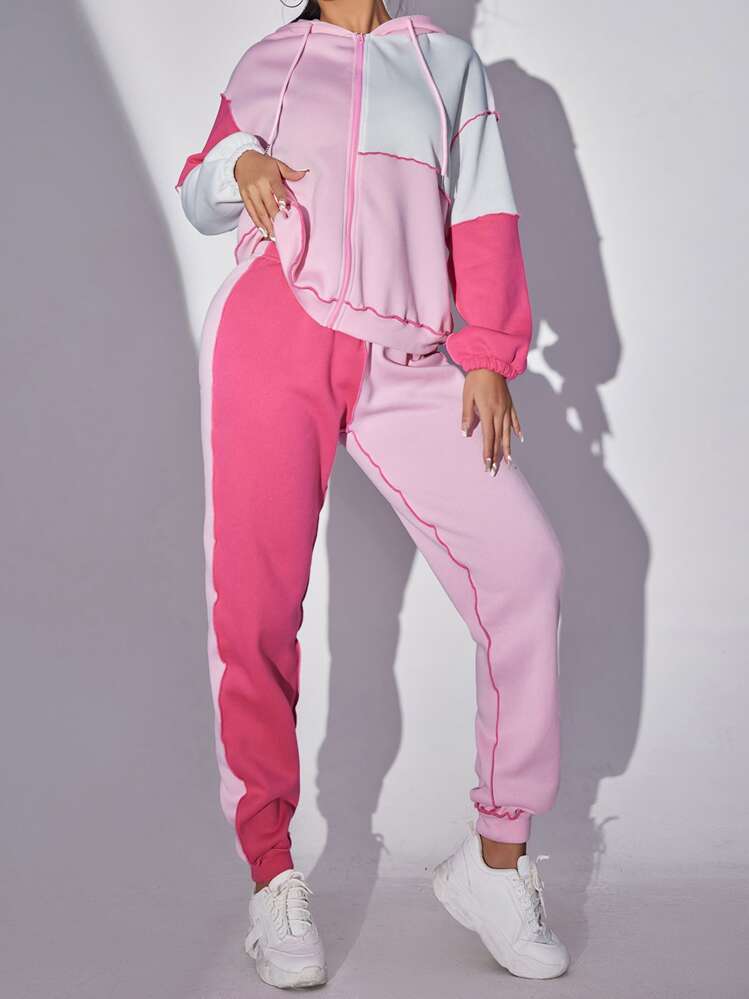 SHEIN Unity Color Block Top-stitching Drop Shoulder Drawstring Thermal Hoodie & Sweatpants - Pink - View 5