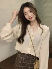 Blusa unicolor ribete con encaje de manga farol - Albaricoque - Ver 3