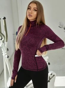 Half Zipper Placket Pocket Detail Sports Sweatshirt - Purple - View 1