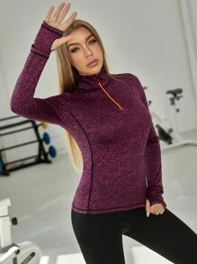 Half Zipper Placket Pocket Detail Sports Sweatshirt - Purple - View 5